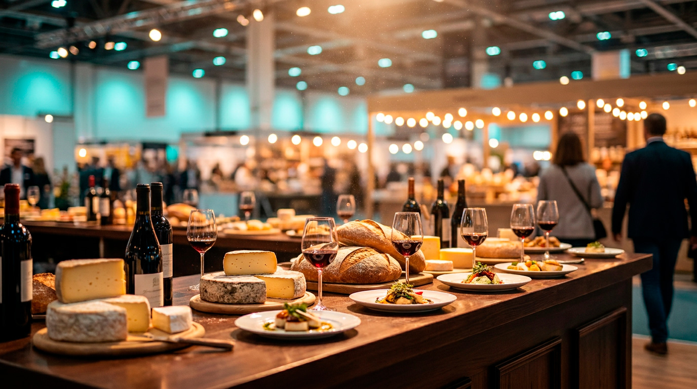 Feira de alimentação na Europa, corredores iluminados